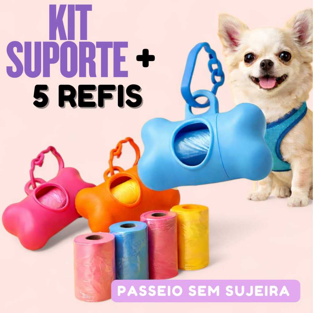 Kit Porta Refil Ossinho +  75 Saquinhos Cata Caca 