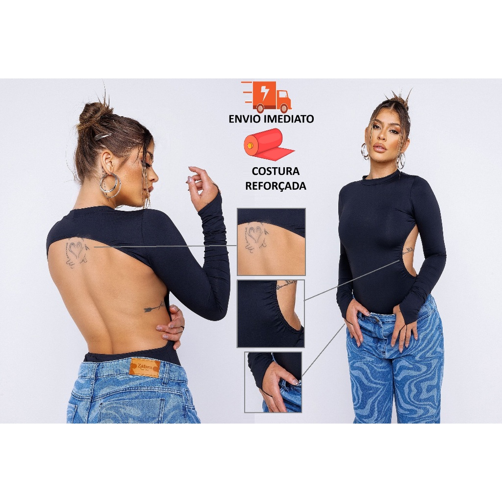 CroquiChic Body Feminino Manga Longa com Costas Ab