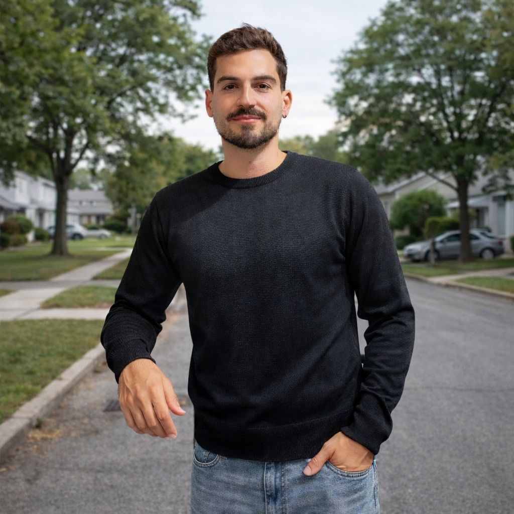 Suéter Masculino em Tricot Gola Redonda Manga Lon