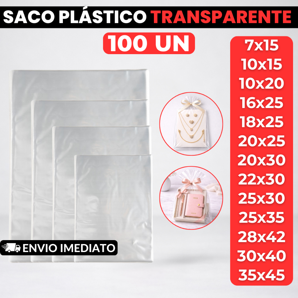 100 Unidades de Saco Plástico Sem Aba Adesiva Tra