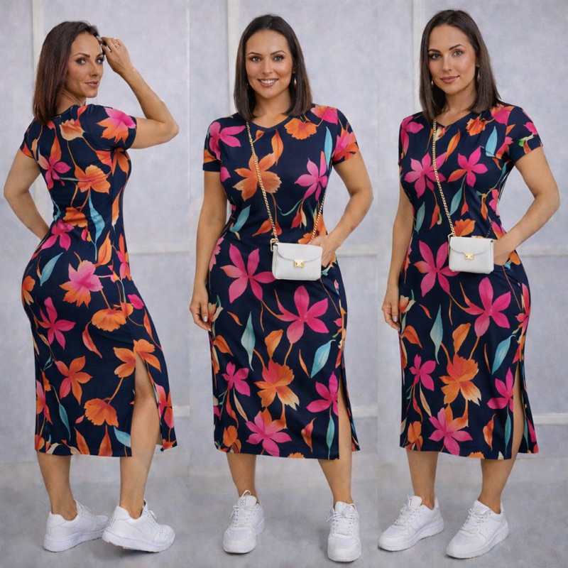 Vestido MIDI casual fenda lateral e bolso charme e