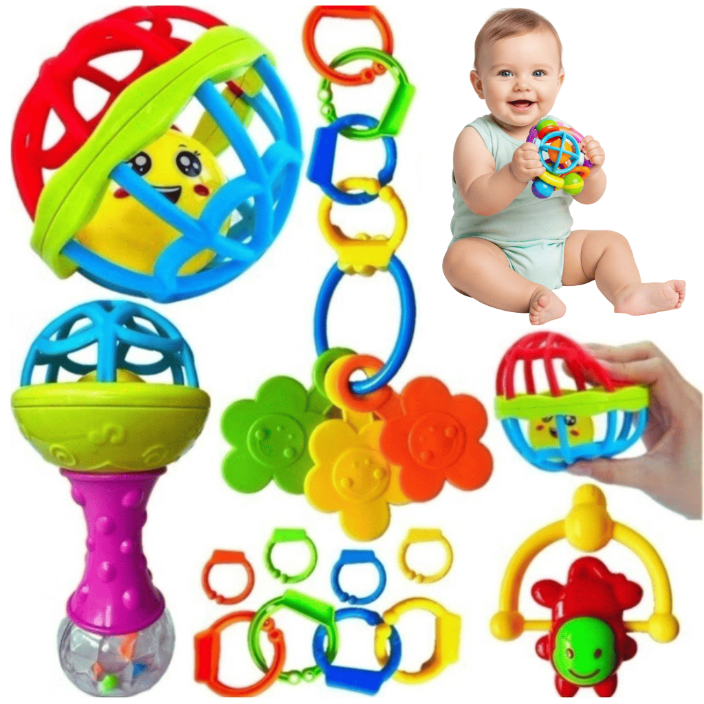 Kit Chocalho 8 Peças Mordedor Bebê Brinquedo Sen