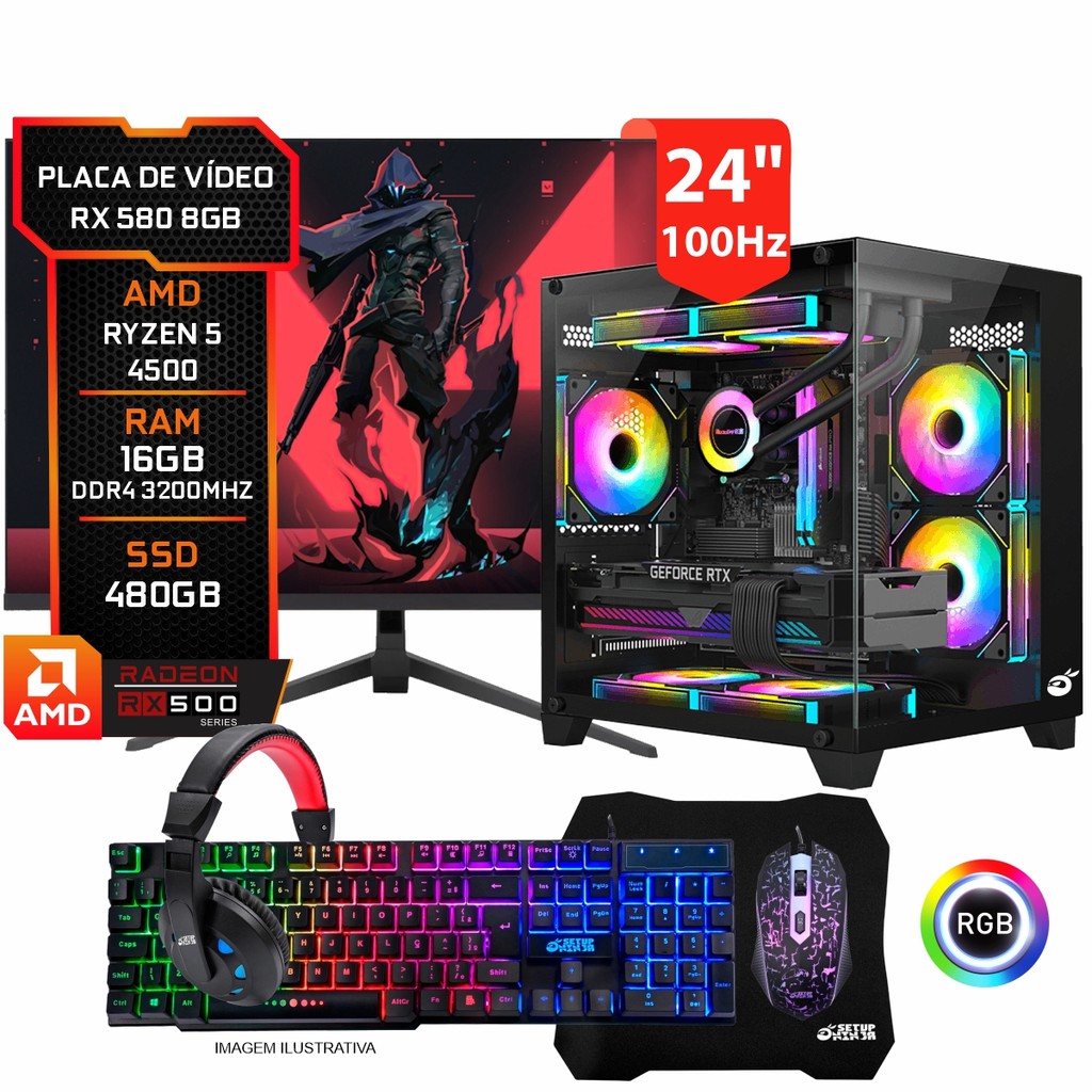 Pc Gamer Completo RX 580 8gb, Ryzen 5 4500, 16GB D