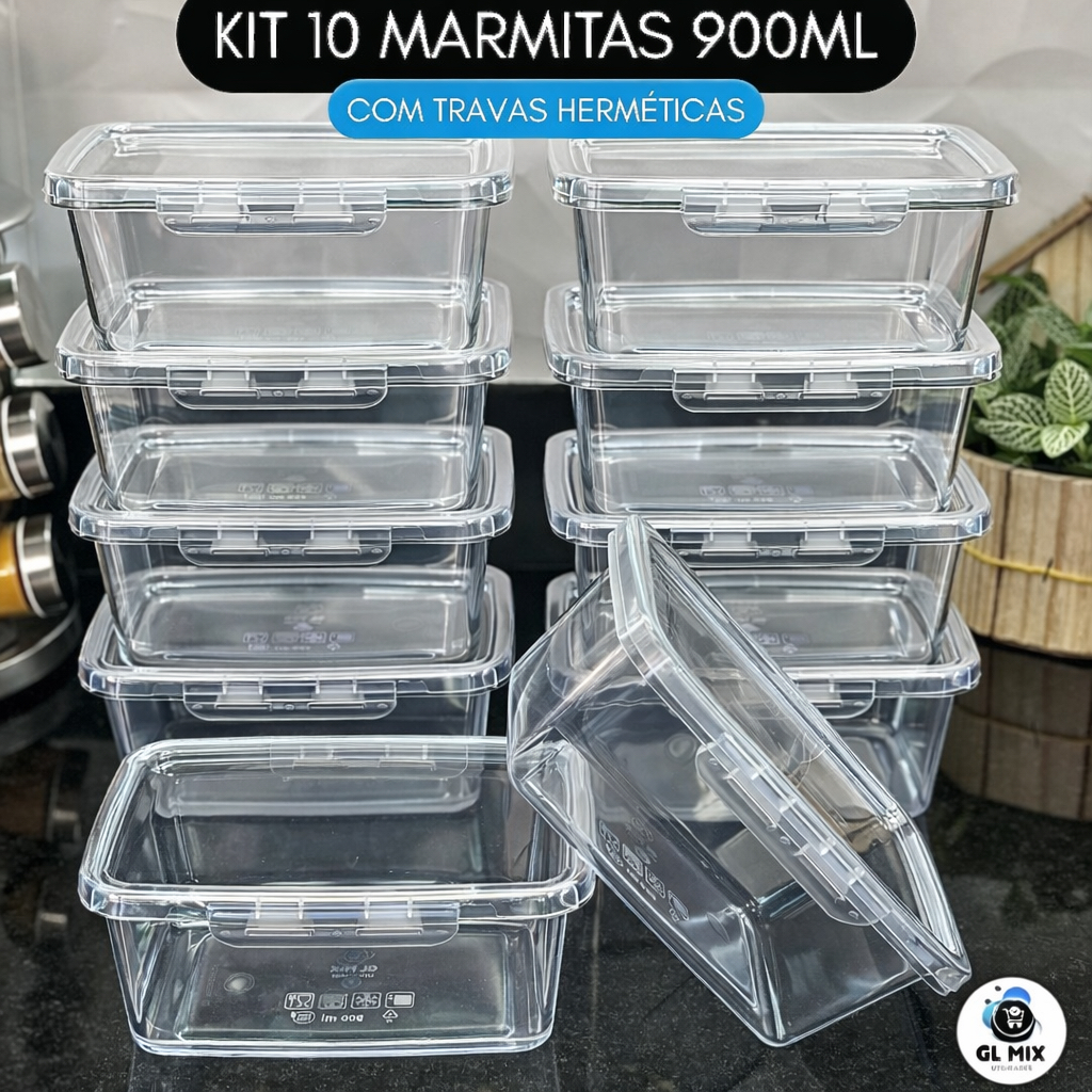 Kit 10 Potes Marmitas 900ml com Travas Laterais &#