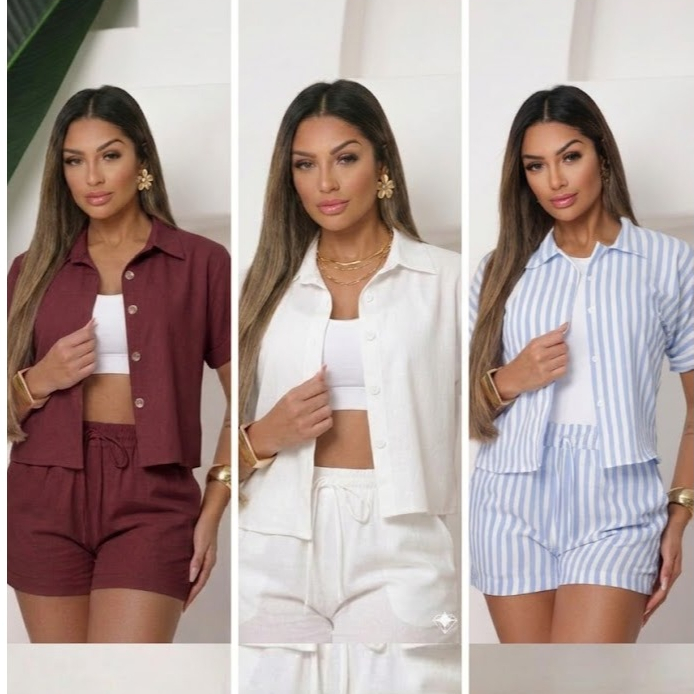 Conjunto Femenino Blusa com gola botão e short co