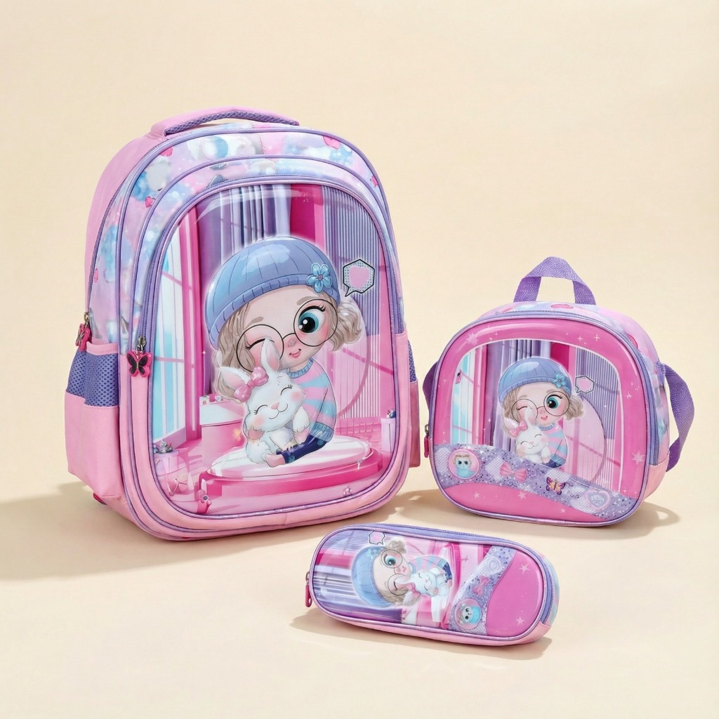 Mochila Feminina Escolar + Estojo + Lancheira Meni