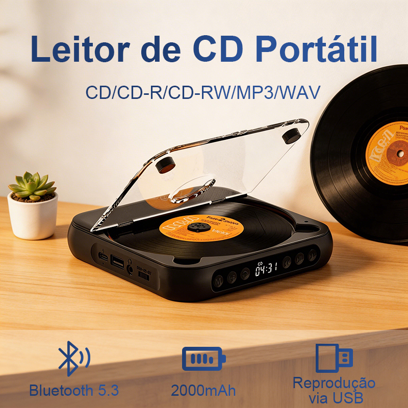 Leitor de CD Portátil Bluetooth Recarregável USB