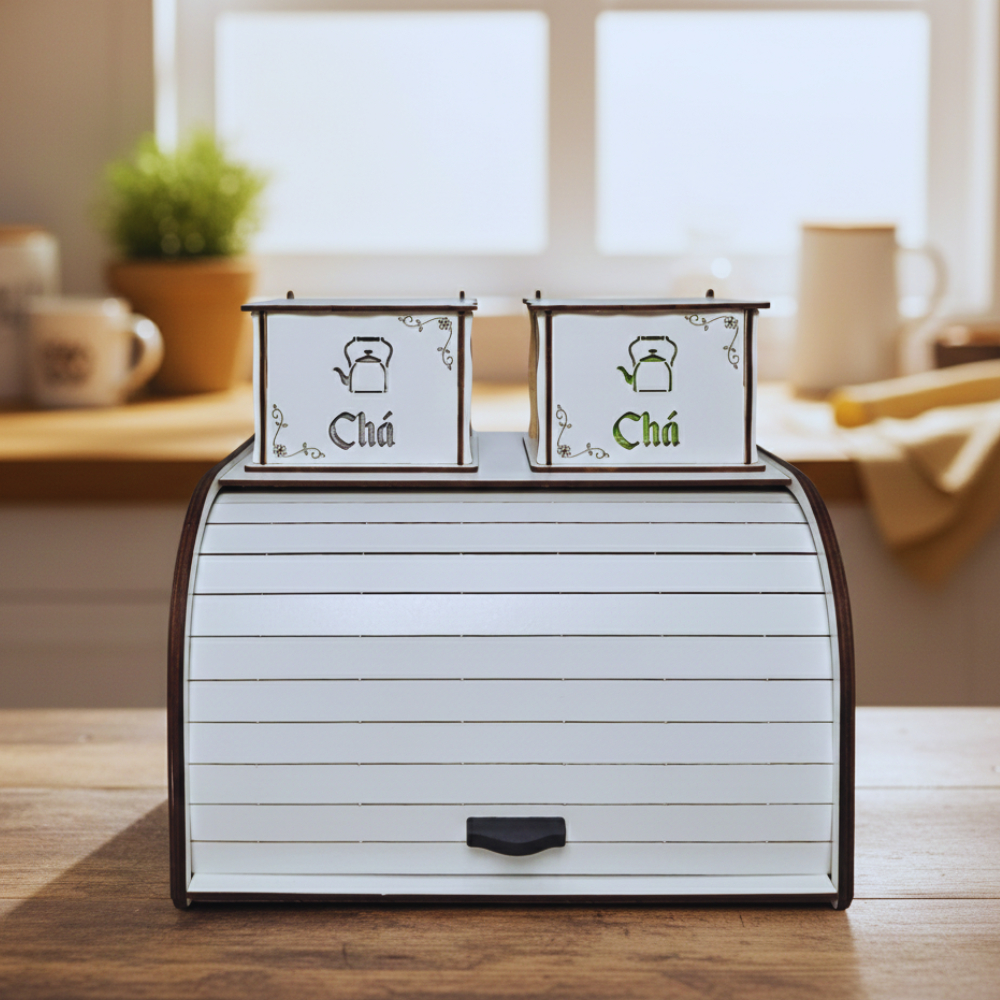 Porta Pão De Mesa E Kit 2 Caixa de Chá Organizad