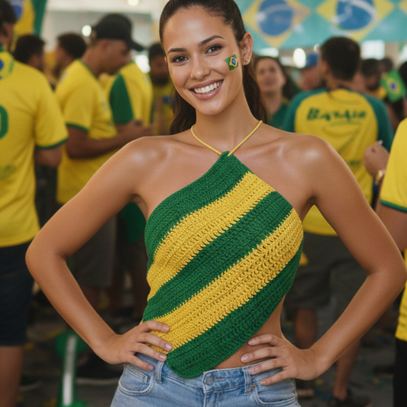 Cropped Feminino Listrado Crochê Brasil Frente Ú