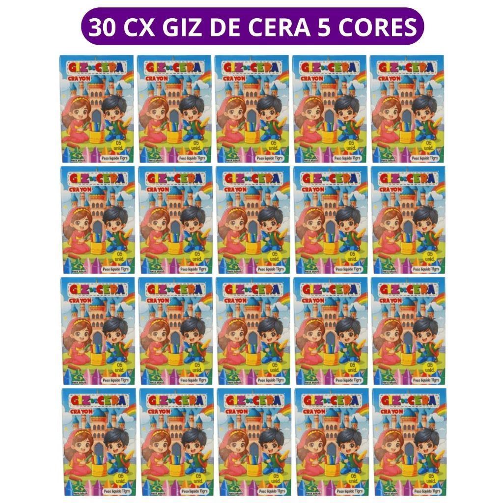 30 cx Mini Giz de Cera 5 Cores P/ Kit Festa Infan