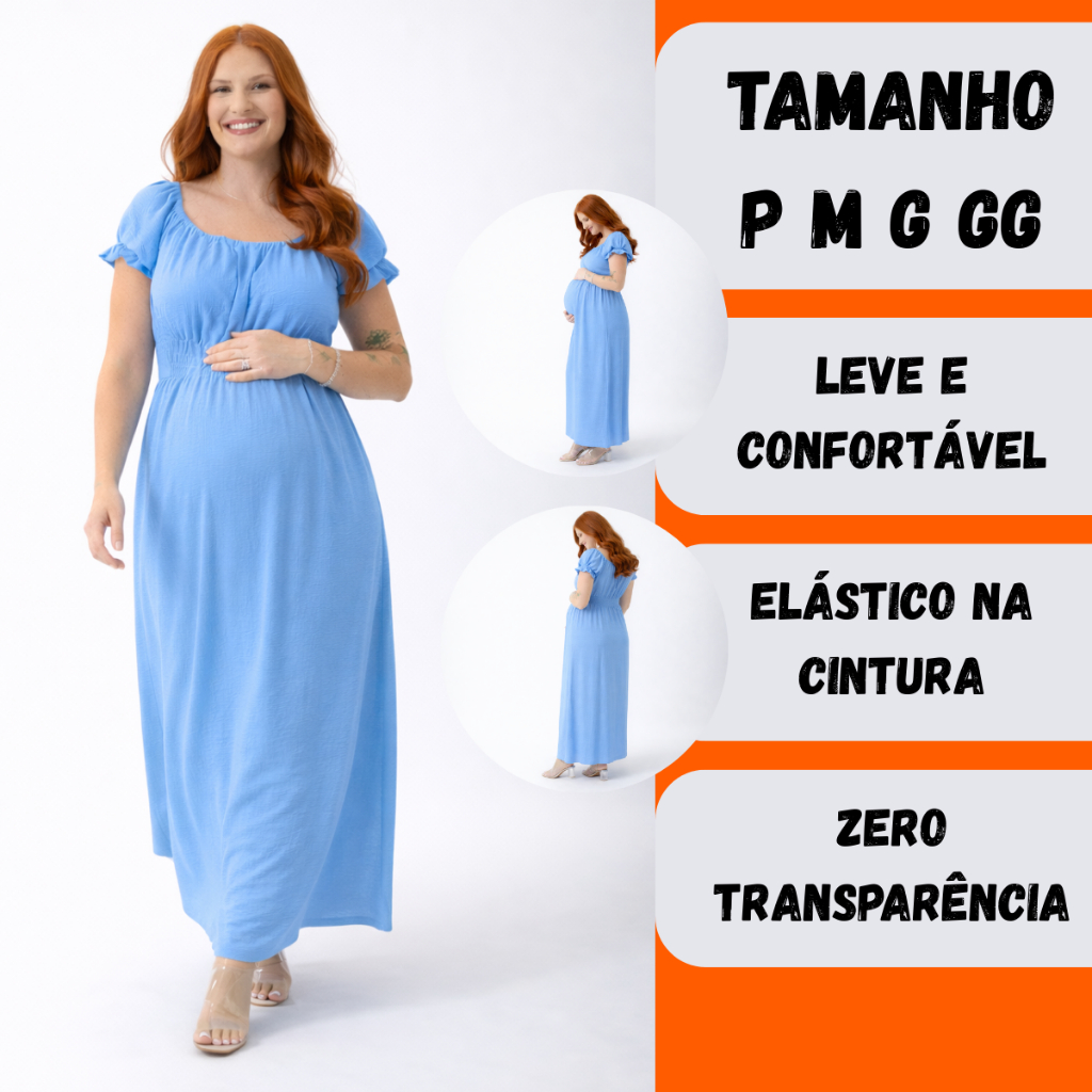 Vestido Longo Gestante Manga Curta Grávida Moda M
