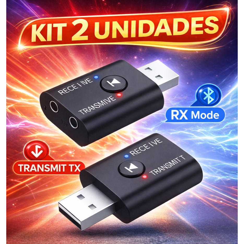 Kit 2x Adaptador Bluetooth 5.0 USB Transmitir e Re