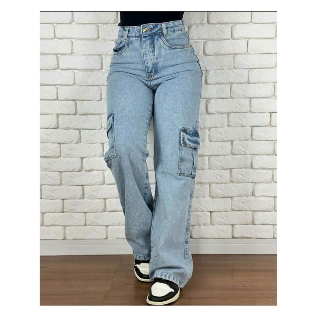 Calça Jeans Cargo Wide Leg Premium Confortavel Te