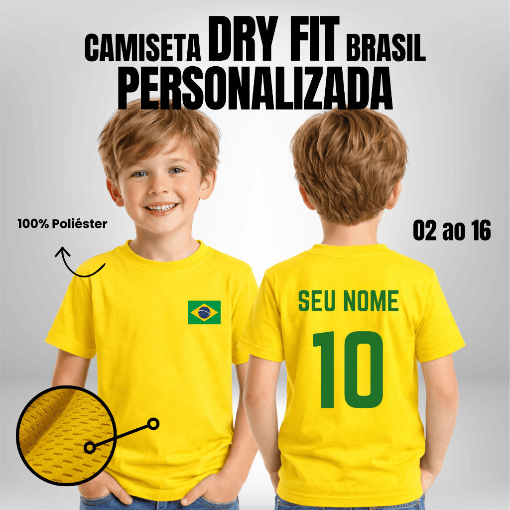 Camiseta Brasil Infantil Poliéster Personalizada 