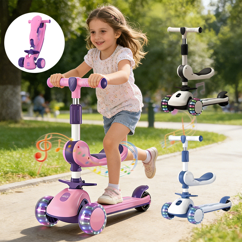 Patinete Infantil com Luz e Som Dobrável, Guidão