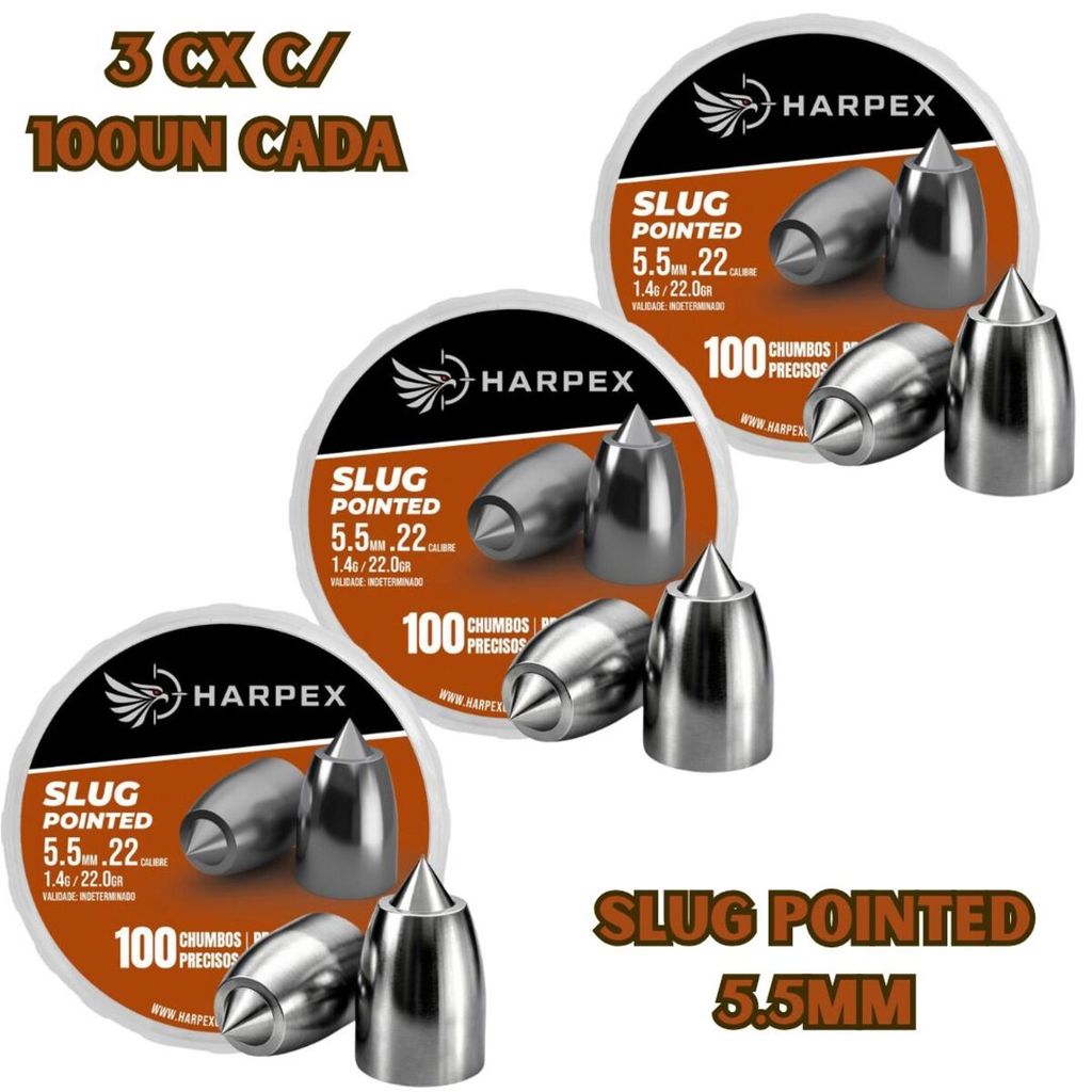 Kit 3x Chumbinho Harpex Slug Pointed 5.5mm .22 22g