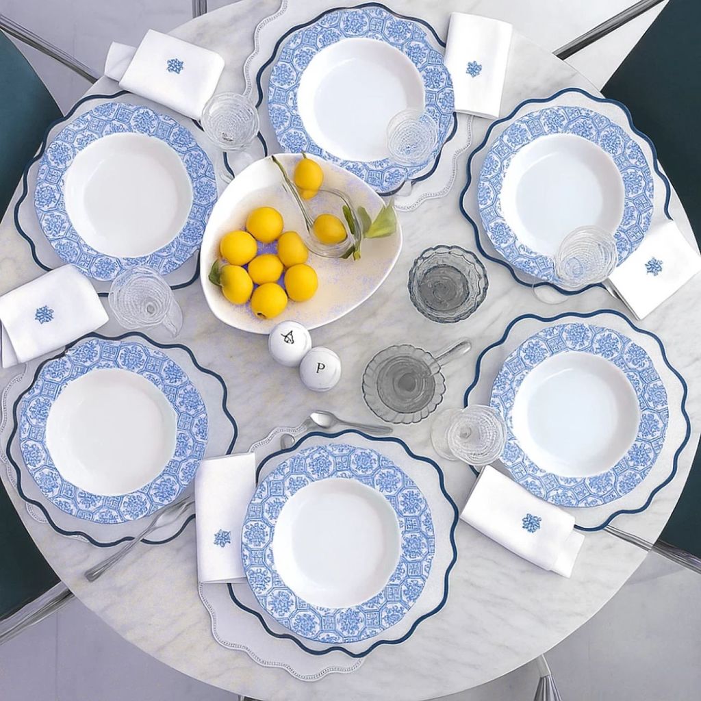 Jogo de Prato Fundo Azul Decorado Kit Prato de Jan