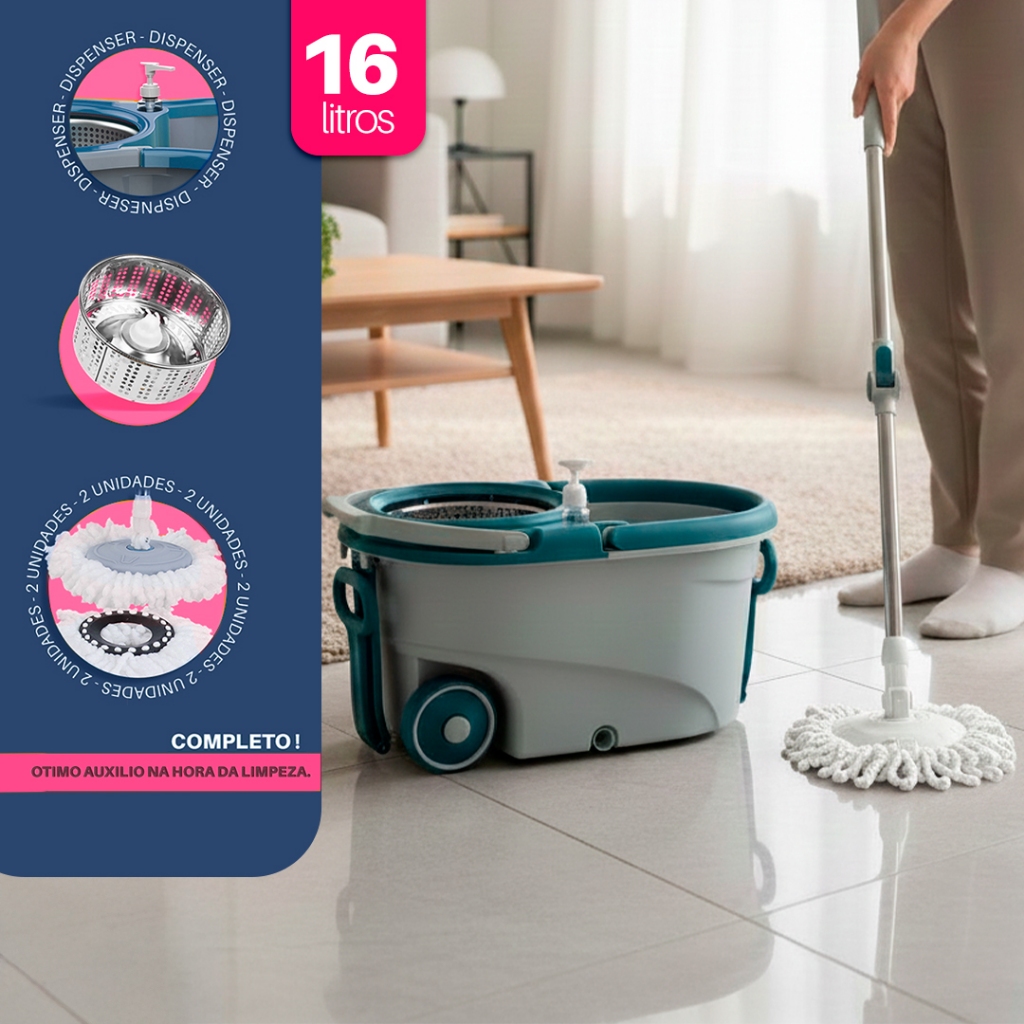 Mop 16 Litros Cabo 160 Cm + 2 Refis Com Cesto Em I