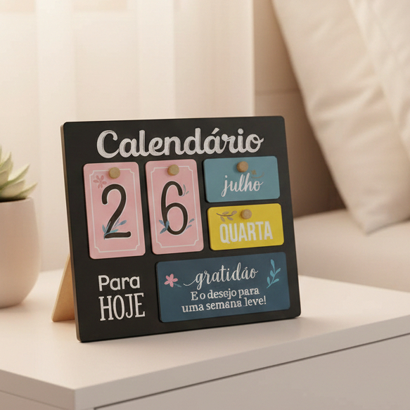 Calendário de Mesa Decorativo de Madeira com Plaq