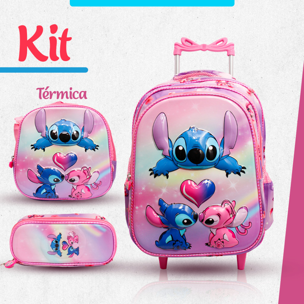 kit mochila escolar stitch 3D  com rodinhas lanche
