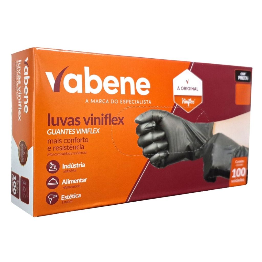 100un Luva Viniflex Preto Sem Pó Descartável P M