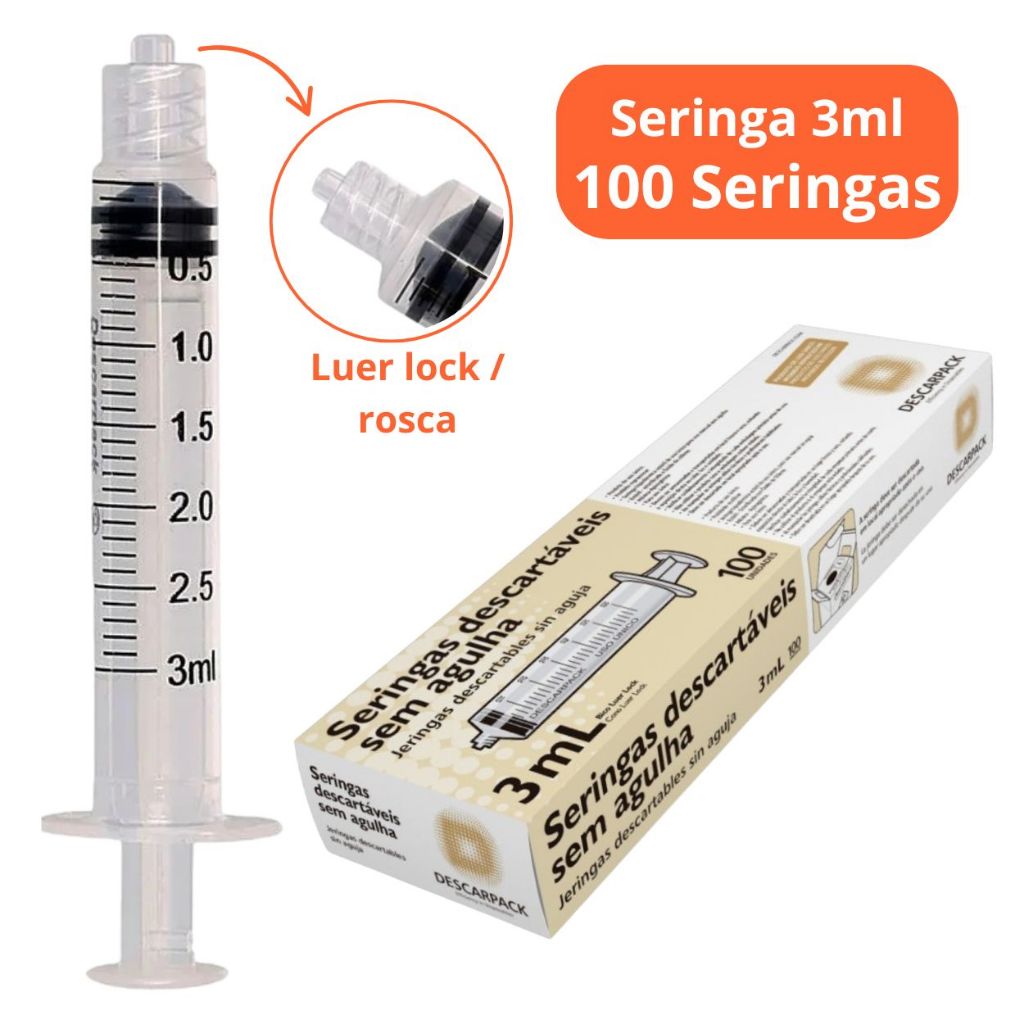 100un Seringa 3ml Bico Rosca Luer Lock Descartáve