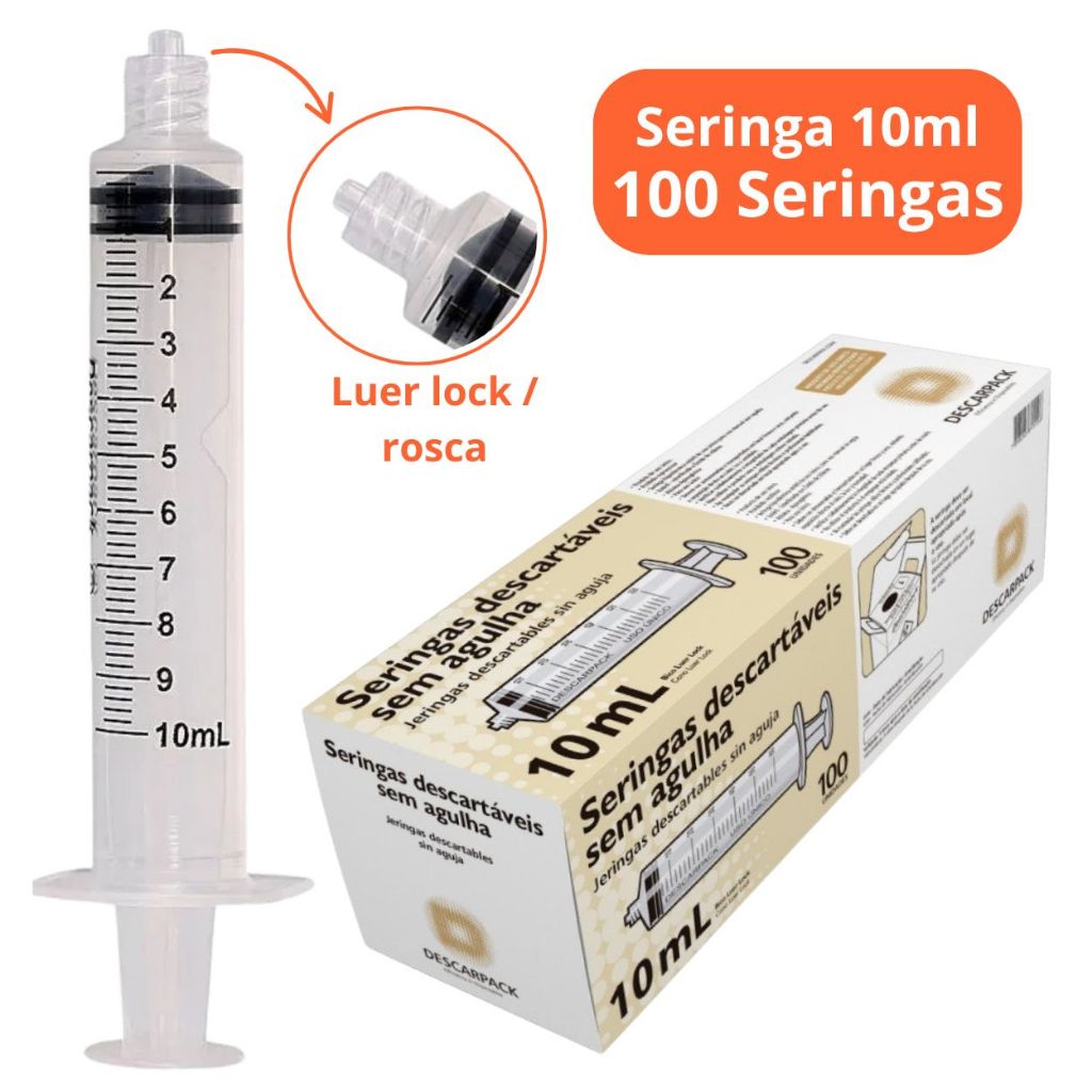 100un Seringa 10ml Bico Rosca Luer Lock Descartáv