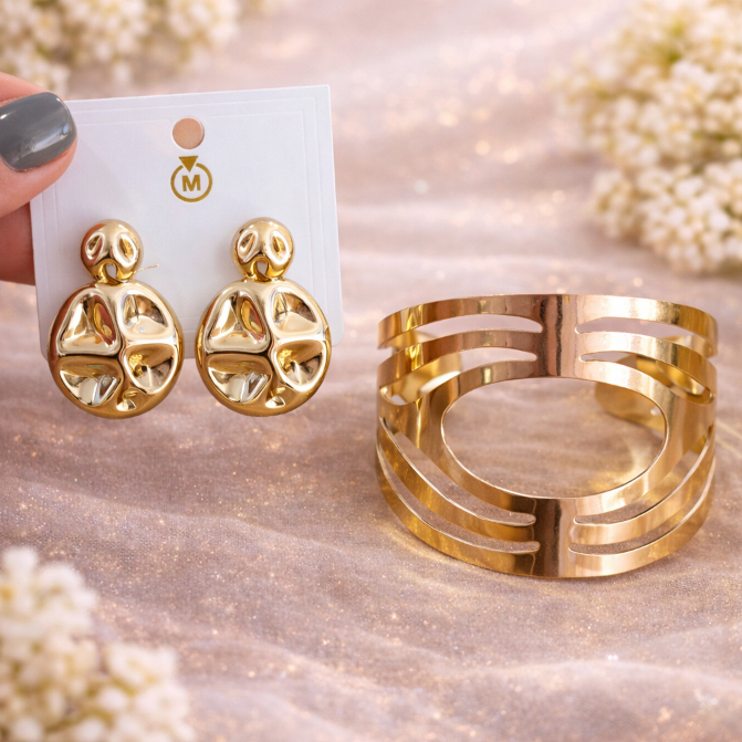 Conjunto Brinco Bracelete Dourado Prateado Acessor