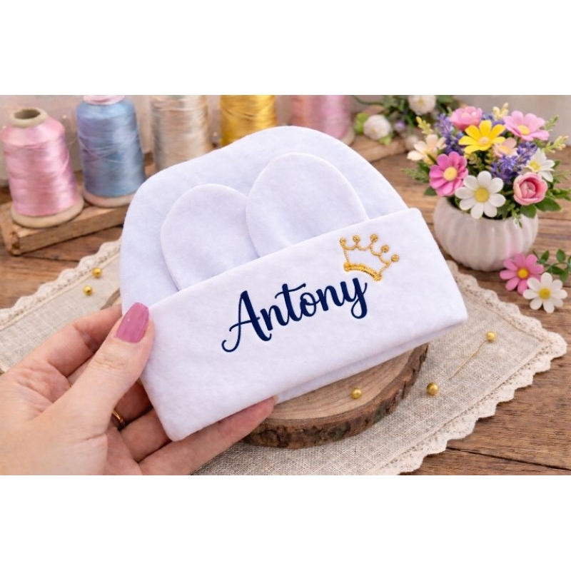 kit Touca e Luvas personalizado Recém Nascido Mat