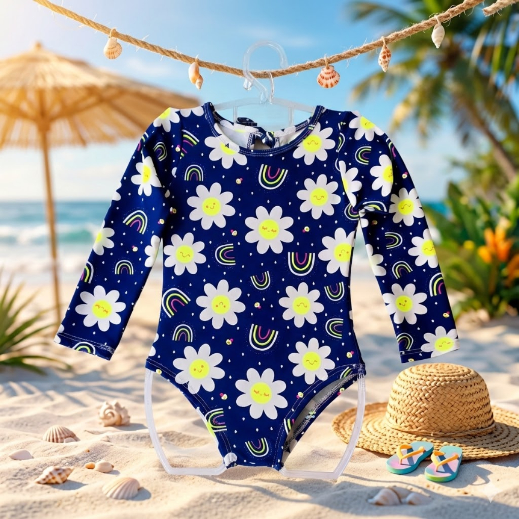 Maiô Infantil Menina Manga Longa Estampado Praia 