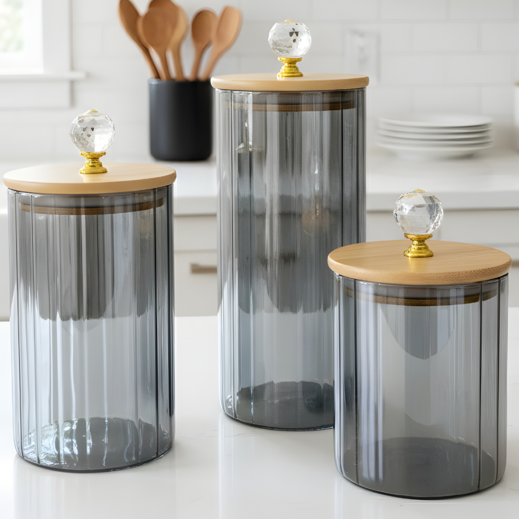 Kit Potes de Cozinha de Vidro Canelado Fumê Herm�