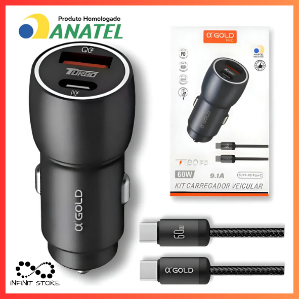 Kit Carregador Veícular Turbo 60W PD + USB-C Com 