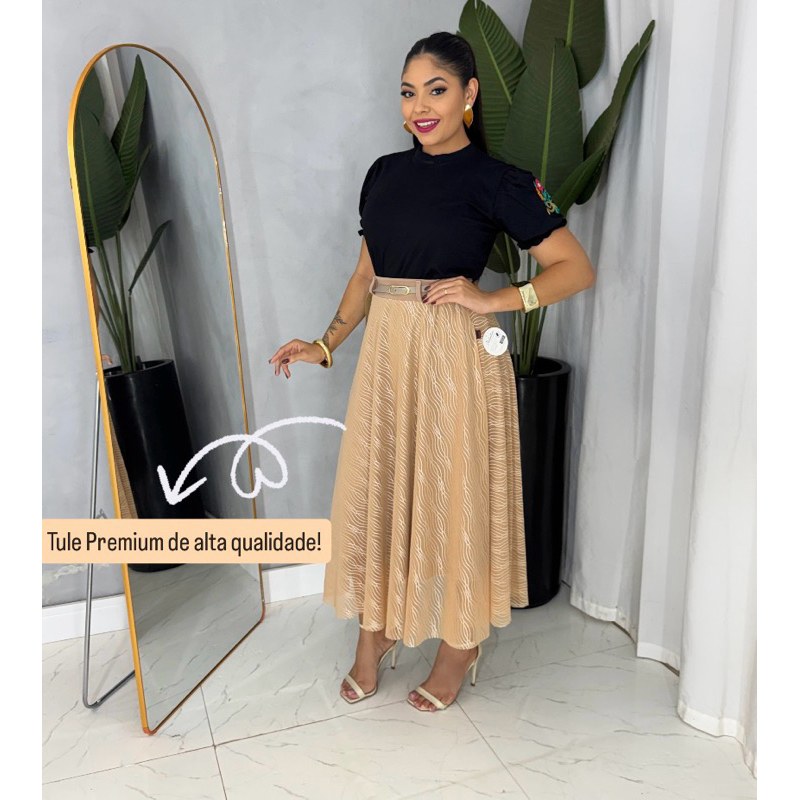 Saia Longa Moda Evangélica Forrada De Tule trabal
