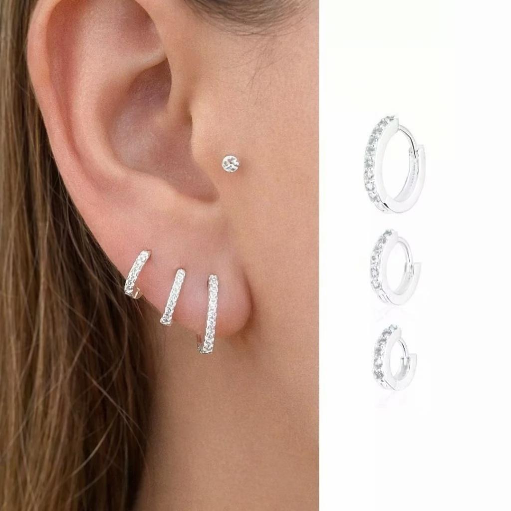 Trio de brinco argola prata 925, cravejado, liso, 