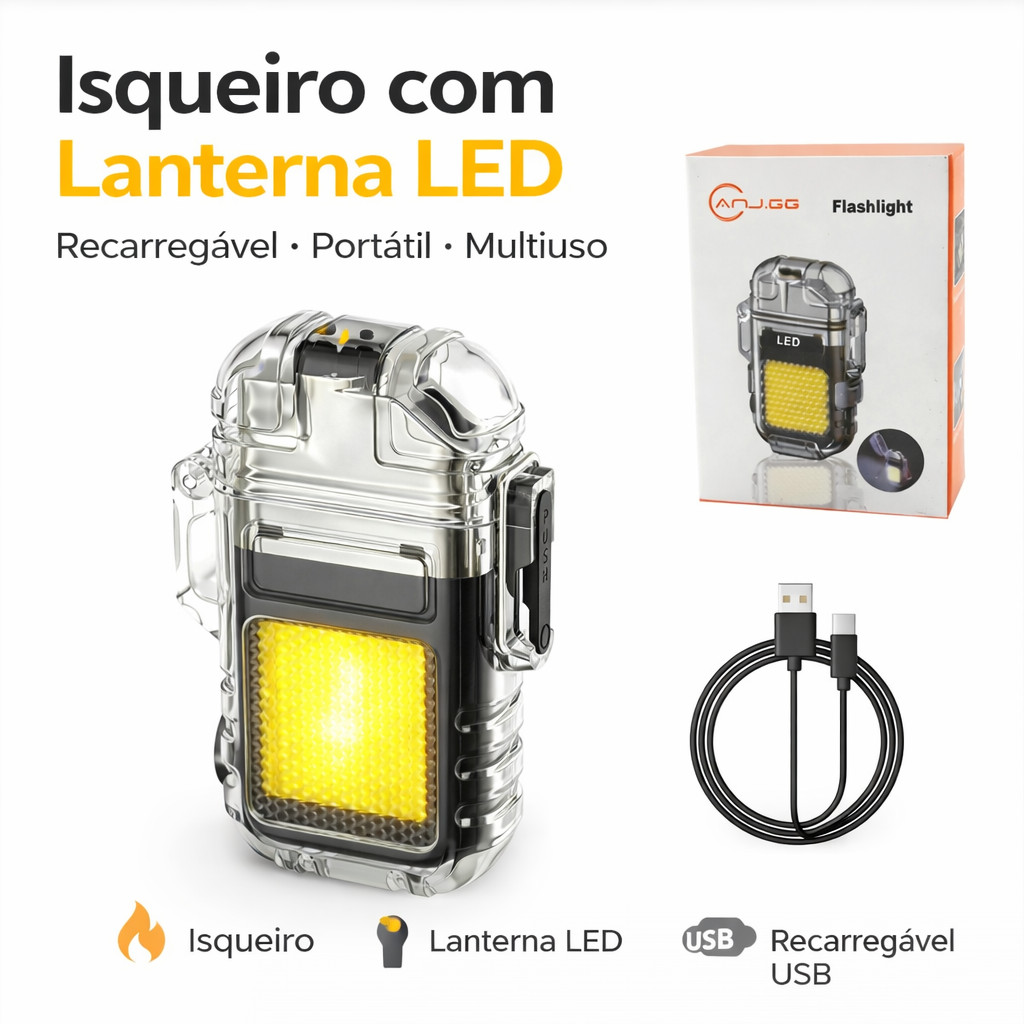 Isqueiro com Lanterna LED Recarregável USB Portá