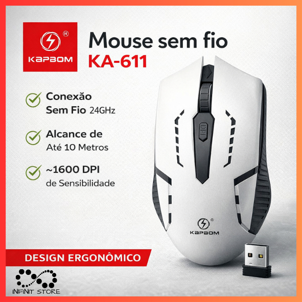 Mouse Sem Fio Óptico Ergonômico Com Receptor USB