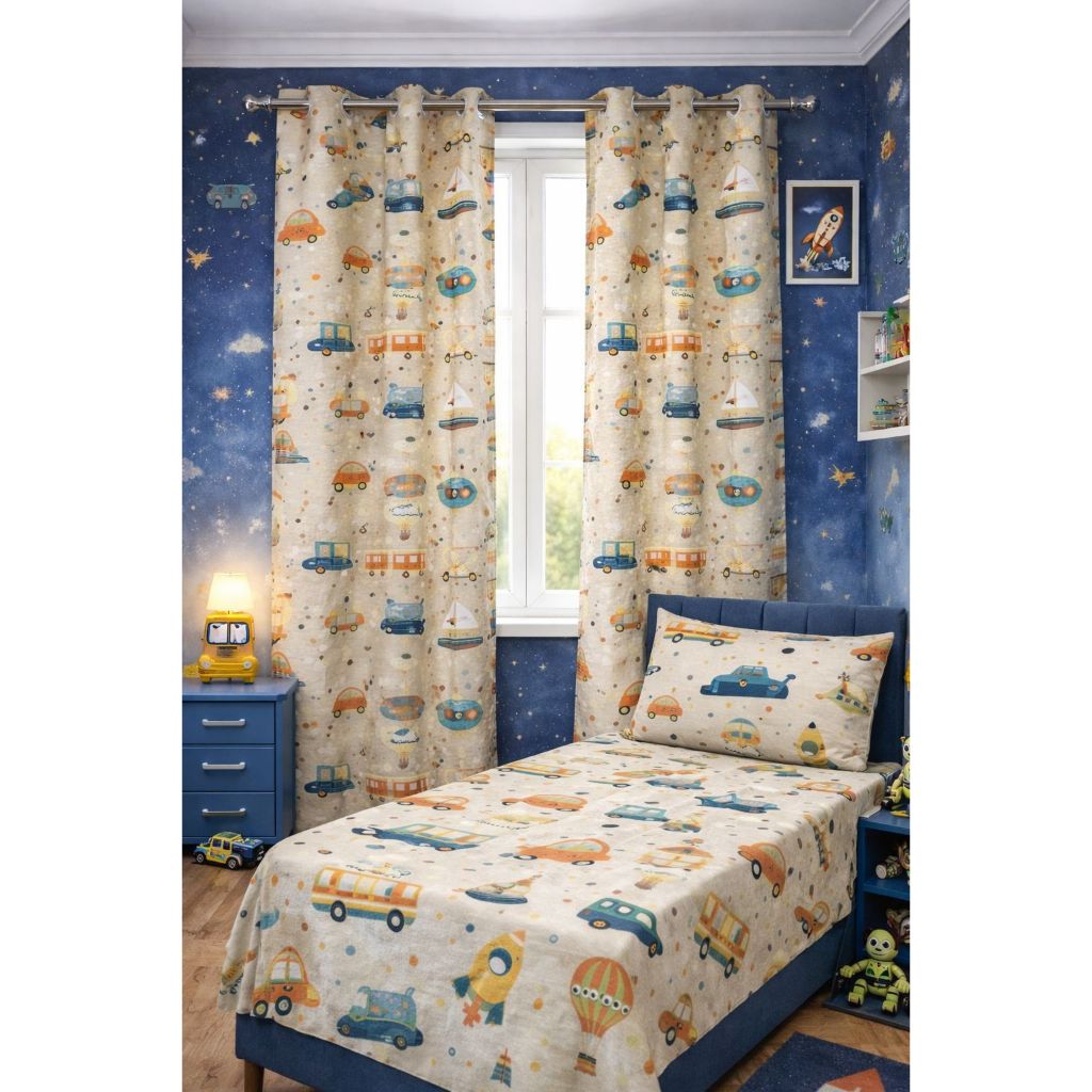 Kit Infantil Lençol + Fronha + Cortina 2 Partes E