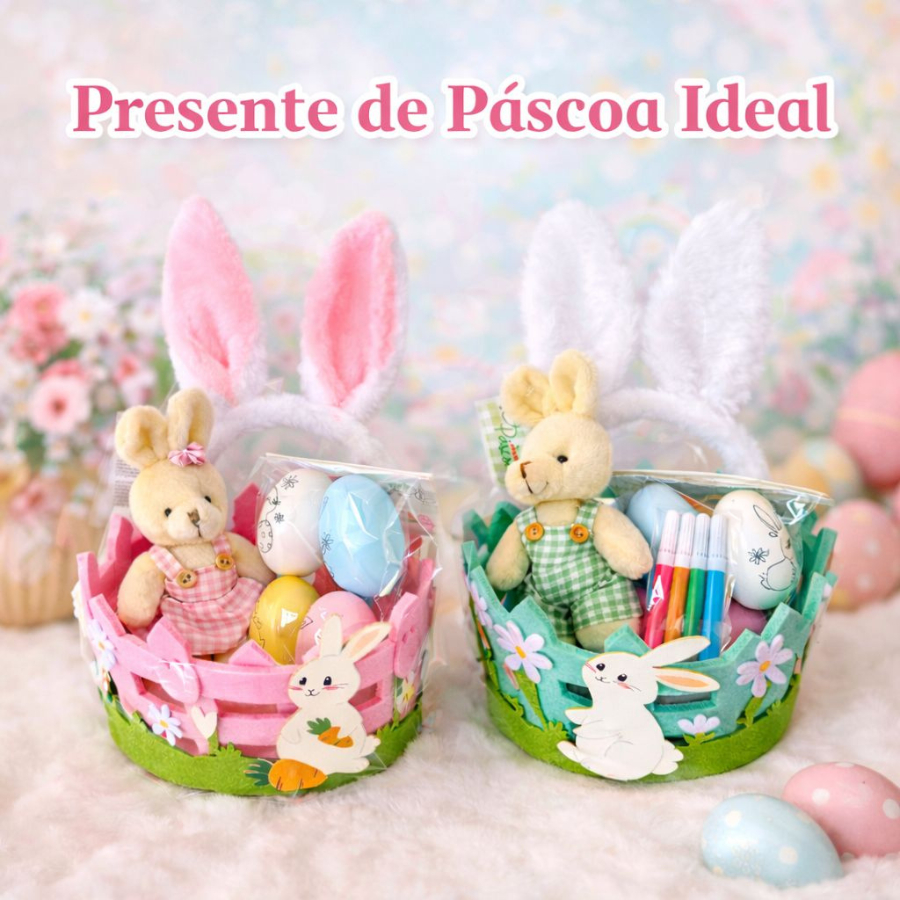 Kit Pascoa Para Crianças Urso Cesta Orelhinha Ovi