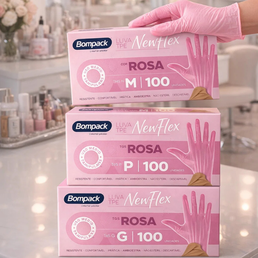 Luva Rosa Newflex Bompack s/ Pó com 100 Unidades 