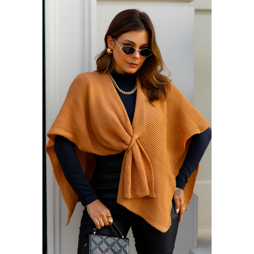 Capa Tricot Colete Poncho Kimono Feminino estiloso