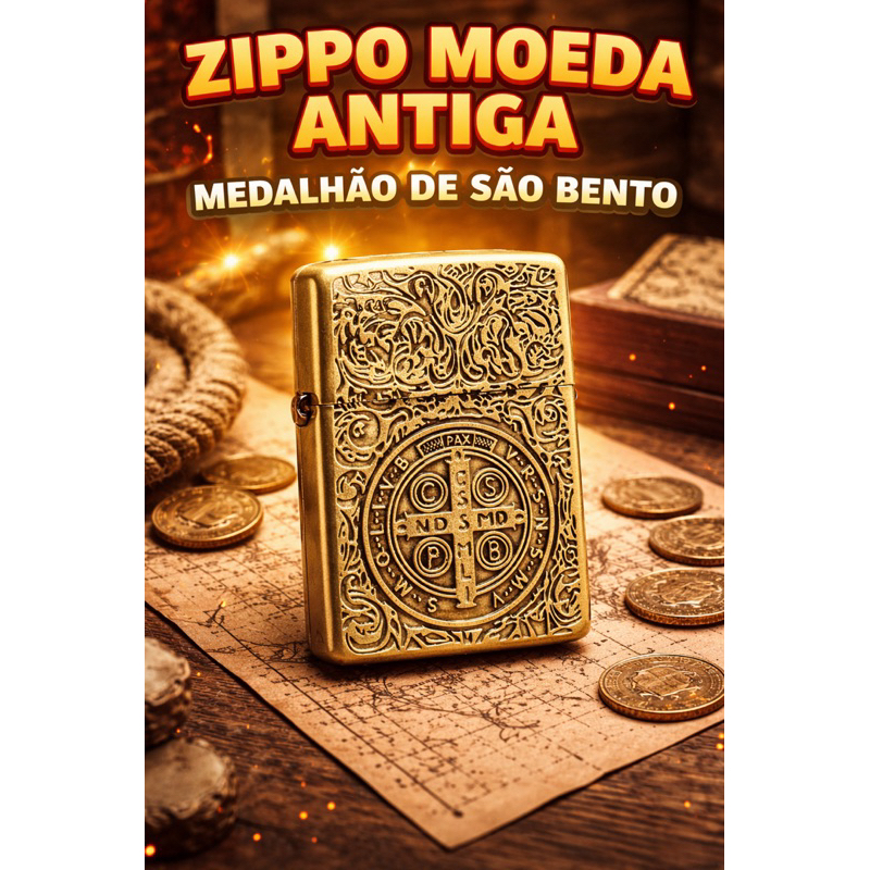 Isqueiro Zippo Moeda Antiga Medalhão de São Bent