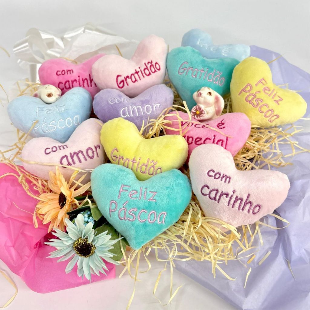 Kit 4/8/12 Coração de Pelúcia Feliz Páscoa Dia