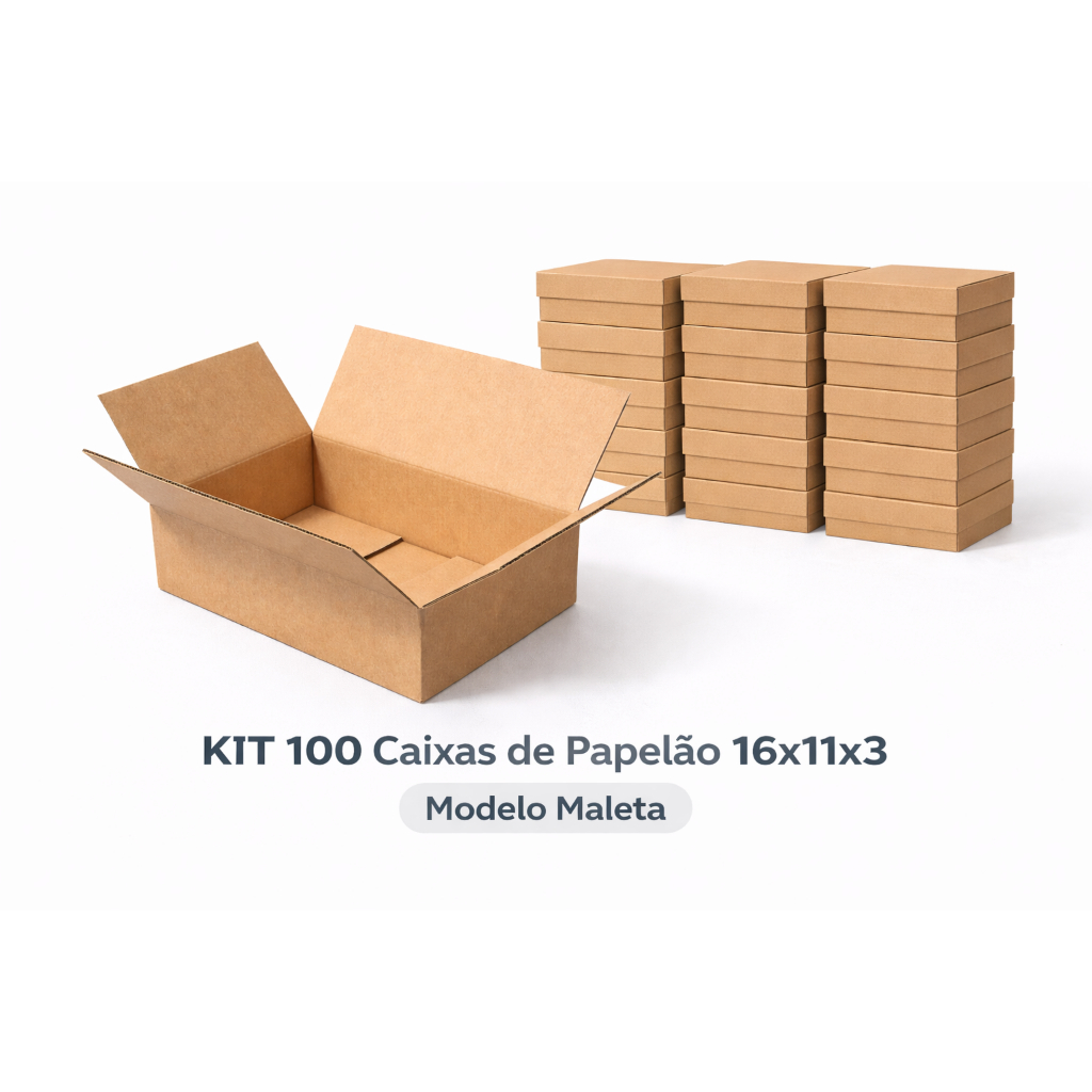 KIT 100 Caixas de Papelão 16x11x3 Mini Envio Corr