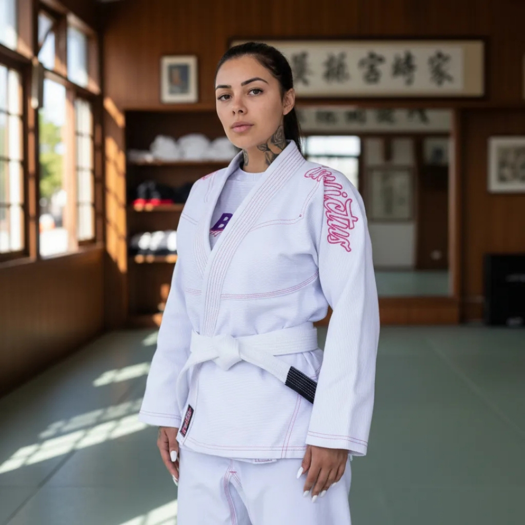 Kimono Jiu Jitsu Feminino Branco Costura Rosa | EN