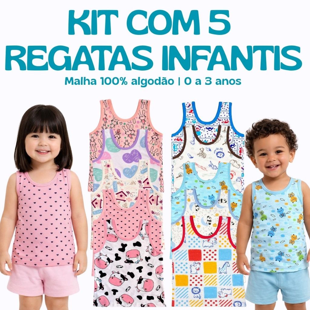 Kit 5 Camisetas Regatas Infantil e Bebê para Meni