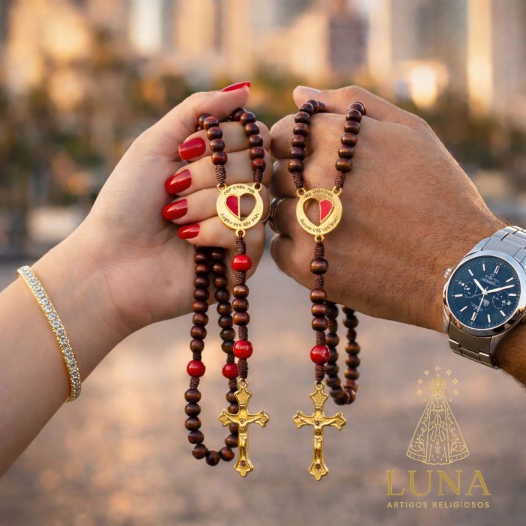 Terço Católico do Casal Em Madeira Com Medalha e