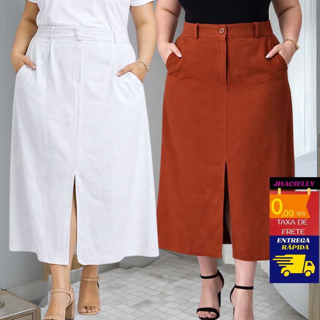 Saia Midi Plus Size Feminina Cintura Alta Elegante
