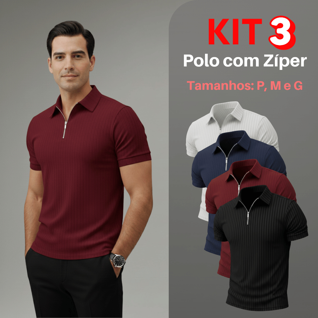 Kit 3 Camiseta Polo Com Ziper Manga Curta Canelada