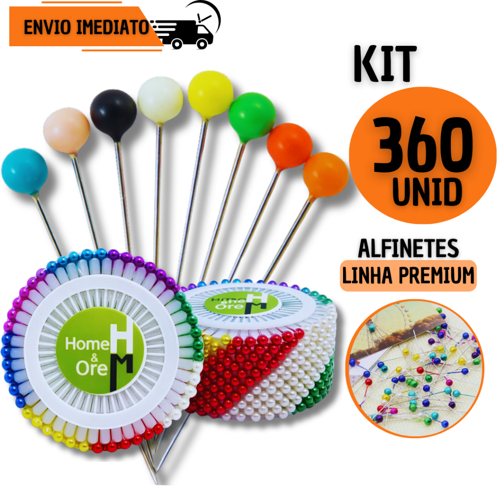 Kit 360 Alfinetes Coloridos Cabeça Bola Costura P