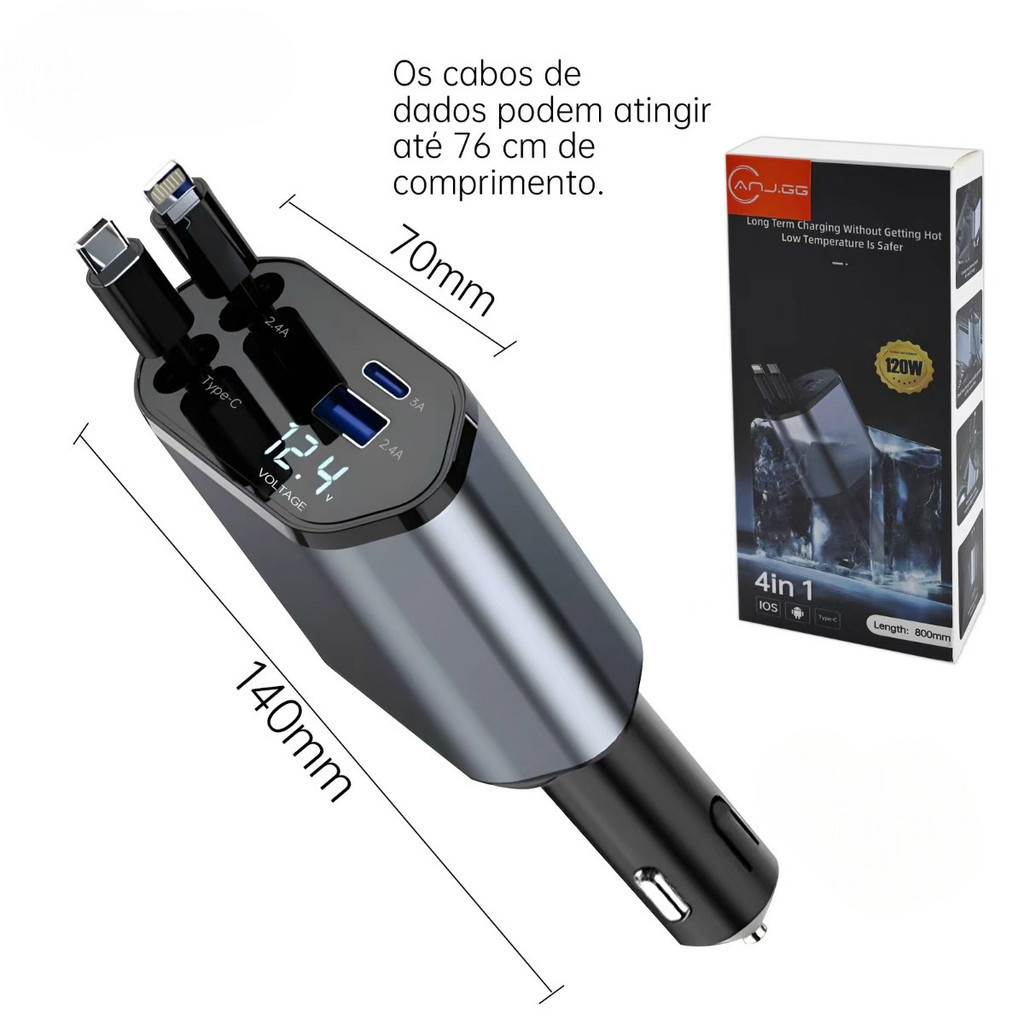 Carregador Veicular 4 em 1 Retrátil 120W c/ Displ